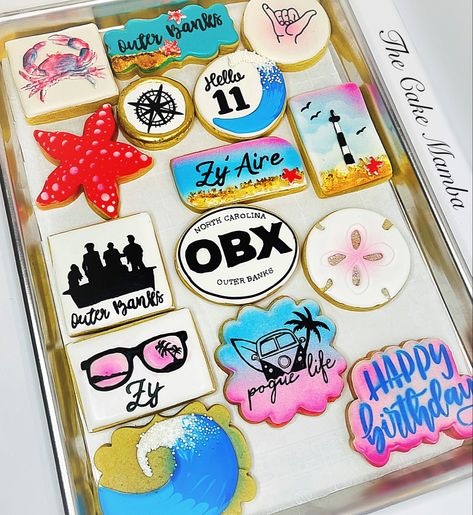 Outer Banks Cookies Decorated, Outer Banks Watch Party, Outer Banks Cookies, Obx Outer Banks Birthday Party, Bank Cake Ideas, Outer Banks Birthday Party Ideas, Outer Banks Birthday Cake, Outer Banks Party Ideas, Outer Banks Cake