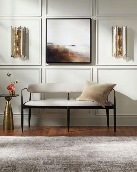 Pretty and practical--benches are a great seating option for anywhere in your home! Check out our story today for three ideas on how to… | Instagram Foyer Seating, Entry Way Lighting, Foyer Bench, Hallway Seating, Martini Table, Hallway Colours, Ceiling Detail, Entry Way Design, Aluminum Table