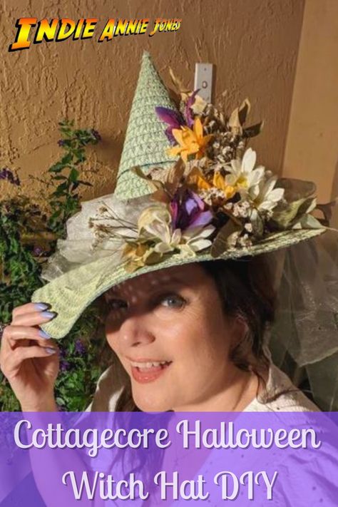 Create your own handmade straw cottagecore witch's hat this season! Check out full tutorial on my Youtube channel! Diy Straw Witch Hat, Summer Witch Hat, Diy Straw Hat, Straw Witch Hat, Diy Witch Hat, Straw Hat Diy, Heart Hats, Straw Hats Outfit, Cottagecore Hat