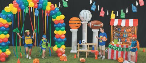 Sports Theme VBS Ideas Sports Day Board Decoration, Sports Themed Office, Sports Day Banner, Sports Day Decoration, Sports Carnival, Pillar Decorations, Gala Decorations, Annual Day, Carnival Ideas