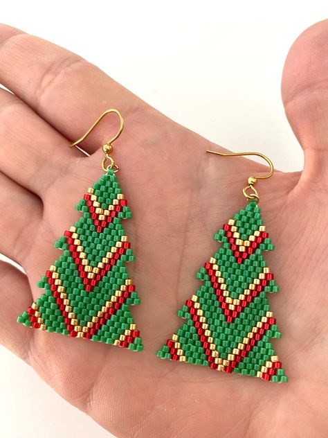 Beaded Elf Earrings, Christmas Seed Bead Earrings, Beaded Christmas Tree Earrings, Holiday Beaded Jewelry, Beaded Christmas Earrings, Christmas Beaded Earrings, Christmas Earings, Advent Ornaments, Diy Christmas Earrings