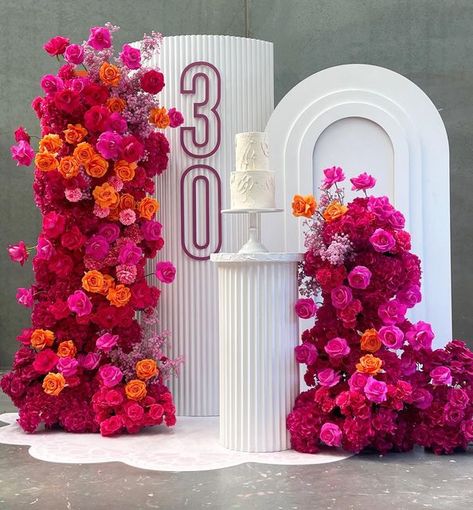 Floral 40th Birthday Party, Bright Birthday Decorations, Blooming Into 30 Party, Mirror Event Decor, Blooming Into 30, Flower Birthday Party Ideas For Adults, 30th Birthday Backdrop Ideas, 30 Birthday Theme, Flower Birthday Theme