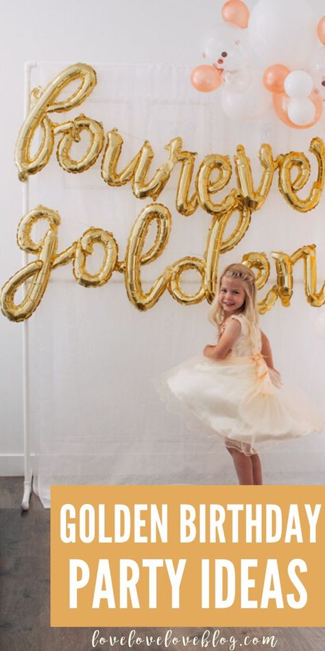 This party is golden! See lots of golden birthday ideas perfect for girls. I share all of the gold decorations and tableware we used, plus tea party food kids will love. Fourever Golden is the perfect 4th birthday party theme! #goldenbirthday #fourthbirthday #birthdaypartythemes Gold Party Ideas Golden Birthday, Golden Tea Party Birthday, Golden Princess Birthday Party, Kid Golden Birthday Ideas, Forever Golden Birthday, 7th Golden Birthday Ideas, Four Ever Golden Birthday, Golden Third Birthday Party, 3rd Golden Birthday Girl