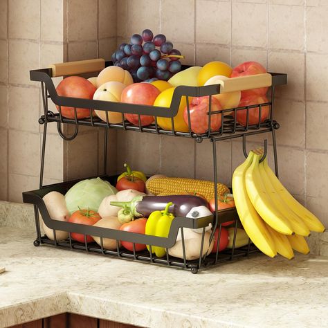 PRICES MAY VARY. BETTER DESIGN: Concave design makes it easier to pick up items on the bottom, The fruit basket left and right have 2 hooks for hanging banana grapes, and two wooden handles for easier movement. VERSATILE STORAGE: The furit basket that can be used in many placess, it can be used in the kitchen for vegetables and bread, in the living room for fruit, in the bathroom for towels, bath products, or to store miscellaneous items to organize cabinets. EAST To ASSEMBLE And DISASSEMbBLE: B Fruit Display Kitchen Counter Space, Storage For Fruits And Vegetables In Kitchen, Kitchen Countertop Baskets, Fruit Holder Kitchen Counter, Kitchen Gadget Basket, Fruits Kitchen Storage, Fruit Kitchen Display, Kitchen Fruit Storage Modern, A Bowl Full Of Lemons Organizing