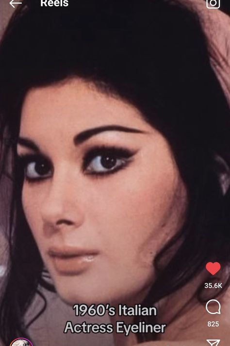 60s Makeup Looks Cat Eyes, Italian Eyeliner, Italian Actress Makeup, 1960s Italian Makeup, 60s Big Eye Makeup, 60s Italian Makeup, 60s Eye Makeup Hooded Eyes, 60s Eyeliner, 60s Makeup Looks