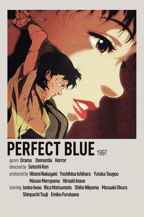 Perfect Blue Polaroid Poster, Perfect Blue Minimalist Poster, 90s Anime Recommendations, Perfect Blue Poster, Live Wallpaper Anime, Movie Character Posters, Anime Minimalist Poster, Anime Woman, Japanese Animated Movies