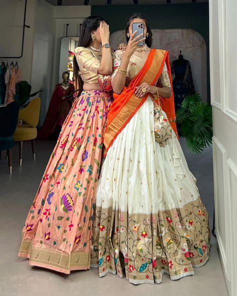 *🌷Paithani collection 🌷* "Captivate hearts and turn heads in our Jacquard Silk Paithani Lehenga Choli - where every detail reflects the essence of tradition🩵. *Catalogue : AAKANKSHA* *2021PEC* *2021SBL* *2021PRL* *2021WHT* *Lehenga(Stitched)* Lehenga Fabric : Jacquard Silk(Paithani) Lehenga work : Weaving Zari Work Waist : SUPPORTED UP TO 42 Length : 41 Flair : 3.50 Meter Stitching : Stitched With Canvas and Can Can Lehenga Closer : Drawstring with Handmade Tassels Inner : Micro Cotton... Paithani Half Saree Designs, Gst India, Paithani Lehenga, Custom Made Outfits, Purple Lehenga, Simple Frock Design, Simple Lehenga, Lehenga Saree Design, Half Saree Lehenga