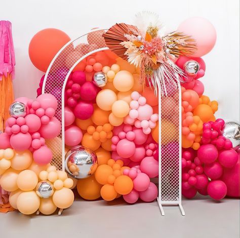 Pink Orange Balloons, Orange Balloon Arch, Party Moodboard, Bridal Balloons, Pink And Gold Decorations, Hens Party Themes, Balloon Surprise, Hot Pink And Gold, 16th Birthday Decorations