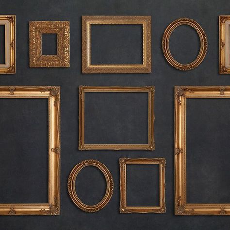 Golden Frame Aesthetic, Black Gallery Wall, Gold Frame Gallery Wall, Gold Gallery Wall, Frame Gallery Wall, Empty Picture Frames, Yellow Bedroom Decor, Photo Wall Display, Frames Wall