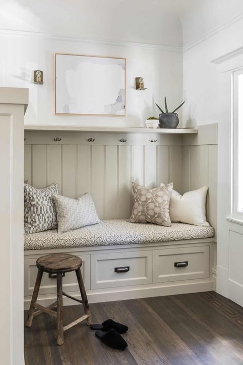 Mudroom Paint Color, Mindy Gayer Design, Wood Bench Outdoor, Diy Wood Bench, Mudroom Entryway, Trending Paint Colors, Wood Storage Bench, Mudroom Design, Entry Way Design