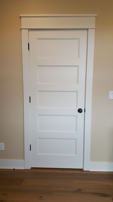 Conmore 5 panel door with Shaker Trim 5 Panel Doors Interior, 5 Panel Shaker Interior Door, Cabinet Baseboard, Door Trim Ideas Interior, Interior Door Trim Ideas, Shaker Trim, 5 Panel Interior Doors, Shaker Interior Doors, Farmhouse Interior Doors