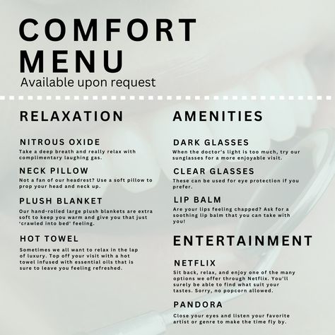 Comfort Menu Dental, Dental Spa Ideas, Dental Manager, Dental Marketing Ideas, Hygiene School, Dental Assistant Study, Doctor Light, Dental Education, Dental Cabinet