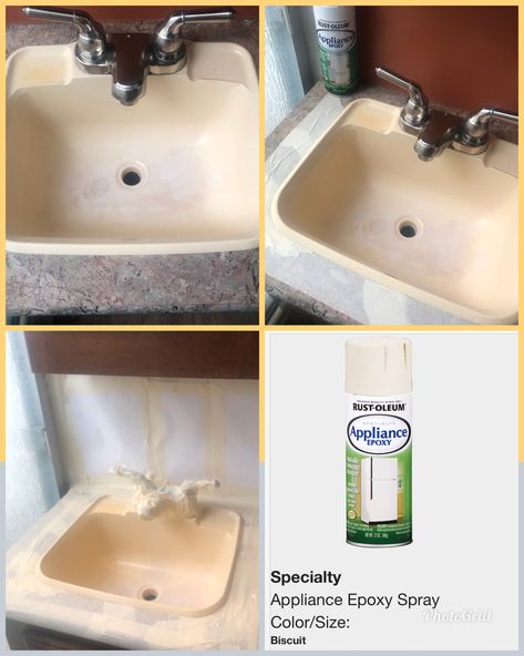 Sink was stained from daily use and liquids with chemicals. I used Rust-Oleum appliance epoxy in the color biscuit. Mobile Home Sink Remodel, How To Paint A Plastic Rv Sink, Camper Sink, Appliance Epoxy, Sink Remodel, Paint Rv, Rv Diy, Sink Diy, Bathroom Sink Diy