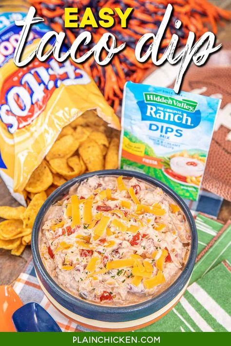 Easy Taco Dip - Plain Chicken Honey Ham Biscuit Sliders, Cold Taco Dip, Easy Taco Dip, Fiesta Ranch Dip, Cream Cheese Taco Dip, Taco Dip Easy, Ranch Dip Recipe, Football Friday, Taco Dip Recipe