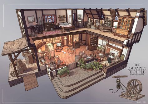 ArtStation - The Sunken Temple - Homebase Interior, Fion Lim Sunken Temple, Fantasy House Interior, Drawing Room Concept, Prop Concept, Anime Locations, Map Inspiration, Interior Concept Art, Room Concept, House Interior Living Room