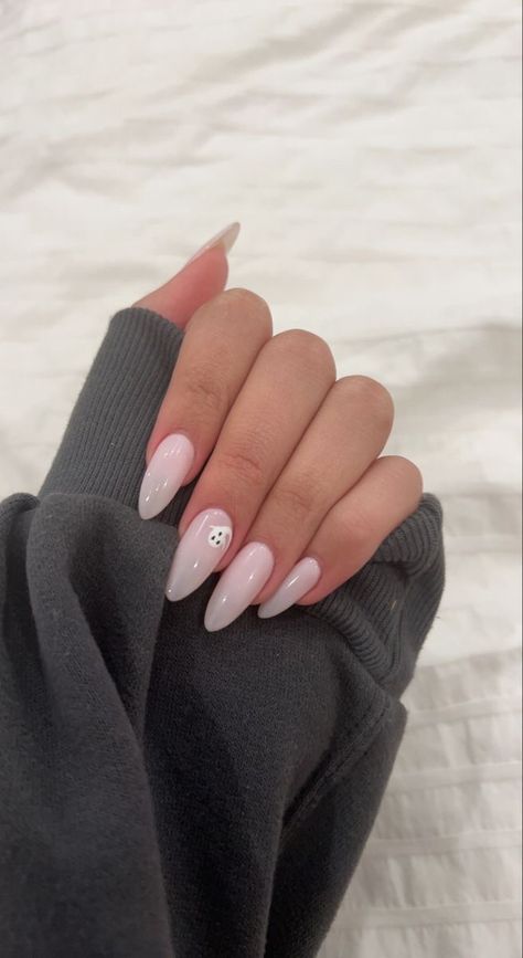 Fall Classy Almond Nails, Neutral Pointy Almond Nails, Milky White Nails Halloween, October Nail Designs Almond, Halloween Nails Simple Almond, Minimal Fall Nails Almond, Discreet Halloween Nails, Mail Inspo Almond Fall, Almond Nail Halloween Designs