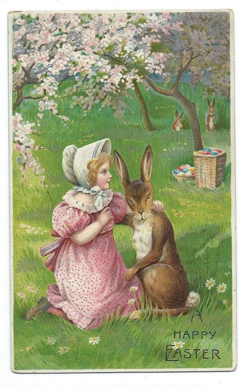 c.1910 German Embossed Easter Postcard - Girl, Bonnet, Bunny, Eggs picclick.com Vintage Easter Images, Easter Poster, Vintage Easter Postcards, Vintage Easter Cards, Vintage Holiday Cards, Easter Vintage, Easter Postcards, Easter Images, Easter Pictures