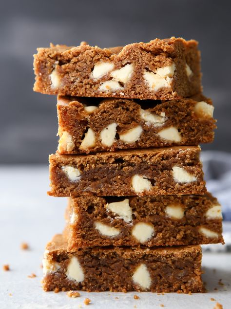 Molasses White Chocolate Blondies - Completely Delicious Molasses Cookie Bars, Blondie Recipes, Molasses Cookie, Cheesecake Swirl Brownies, Pumpkin Swirl Cheesecake, Chocolate Blondies, Completely Delicious, White Chocolate Blondies, Magic Cookie Bars