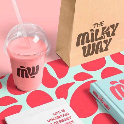 Milkshake Branding Design, Cheesecake Graphic Design, Pink Logo Ideas, Milkshake Branding, Dessert Logo Design Ideas, Pink Brand Identity, Milkshake Packaging, Dessert Branding, Milkshake Design