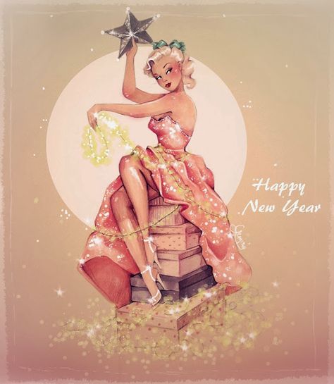 Happy New Year!!! Pin Up Zeichnungen, Vintage Happy New Year, Pin Up Cartoons, Pin Up Drawings, Pin Up Girl Vintage, Cartoon Girls, Pin Up Model, New Year Images, Girls Art