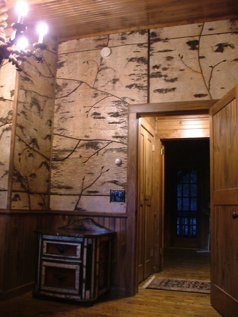 www.lpostrustics.com  Birch bark and twig walls panels. Walls Panels, Log Cottage, Rustic Rooms, Rustic Furniture Design, Foyer Wall, L Post, Lodge Look, Adirondack Furniture, Heirloom Furniture