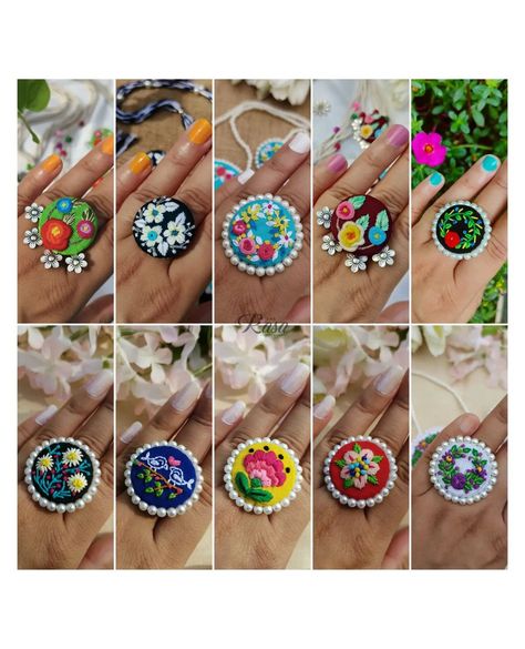 •||• Rings •||• Some new and some most loved by y'all 🫶 Size ~ 10rs coin size. Color, design Customisable 💜 DM for customisation! . . . . . . . . . . . . . [handcrafted, handmade jewelry, hand embroidered, Beach vibe, holiday look, summer fashion, summer fashion jewelry, Durga puja collection, statement rings, embroidery jewelry, fabric jewellery, sustainable fashion, summer aesthetic, aesthetic, aesthetic jewelry, handmade finger rings, ring collection, daily wear earrings, summer collectio... Embroidery Earrings Handmade Jewelry, Embroidered Jewellery, Daily Wear Earrings, Hand Embroidered Jewelry, Jewelry Fabric, Embroidery Fashion Detail, Look Summer, Fabric Jewellery, Paper Quilling Designs