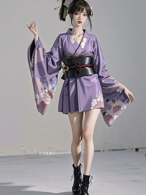 Anime Short Kimono, Kimono Sleeve Reference, Fantasy Kimono Design, Short Kimono Anime, Blue Kimono Outfit, Kimono Outfit Drawing, Japanese Outfits Traditional, Modern Yukata, Short Yukata