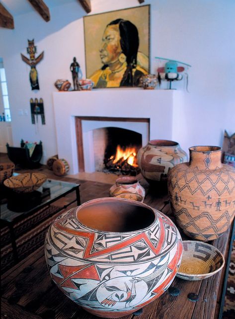 Santa Fe                                                                                                                                                                                 More Santa Fe Room Decor, Native Inspired Living Room, Santa Fe Decor Living Rooms, Navajo Style Living Room, South Western Boho Decor, Santa Fe Style Furniture, Native Decor Ideas, Navajo Home Decor, Native American Inspired Decor