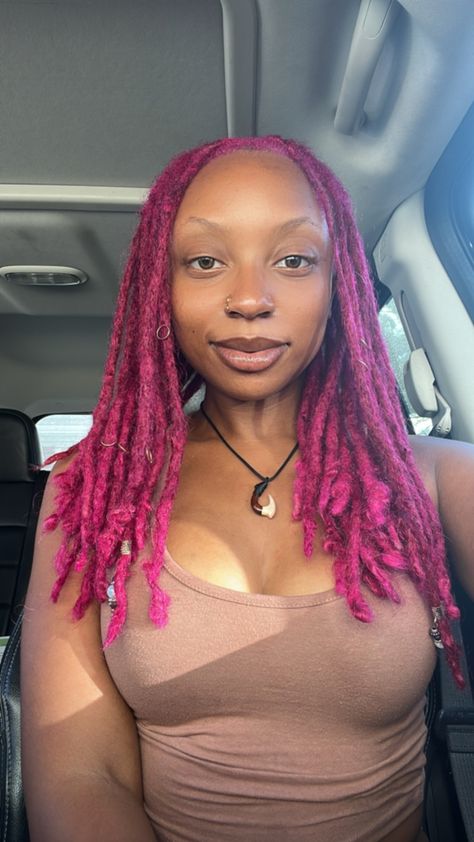 Pink Natural Locs, Raspberry Twist Hair Color, Fuschia Locs, Magenta Locs Black Women, Pink Sisterlocks, Pink And Blue Locs, Dark Pink Locs, Pink And Red Locs, Pink Dreads Black Women