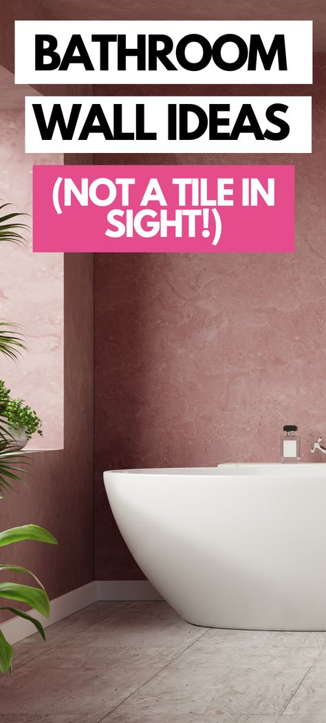 bathroom wall ideas, not a tile in sight. A painted pink bathroom with a round white tub with chrome taps. There is a green plant out of shot and a tiled floor. Bathroom Wall Covering Ideas, Full Tile Bathroom, Bathroom Wall Ideas, Bathroom Wall Coverings, Tile Covers, Spa Like Bathroom, Bathroom Tile Designs, Black And White Decor, Statement Wall