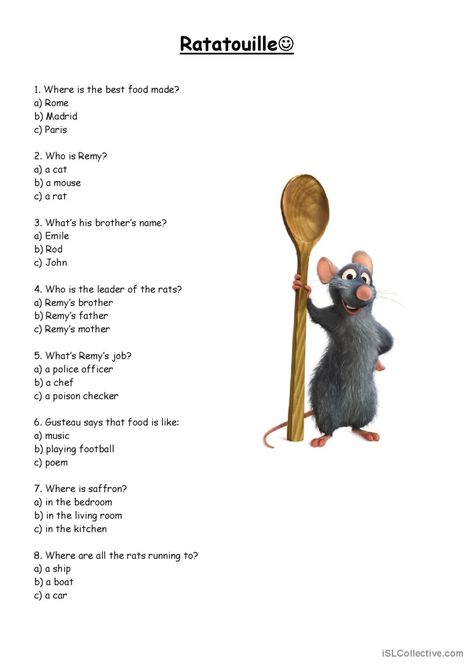 Ratatouille video or movie activity: English ESL worksheets pdf & doc Learn English With Movies, Ratatouille Video, English Reading Skills, Ratatouille Movie, Remy Ratatouille, Classroom Pictures, Movie Quiz, Esl Activities, Short Stories For Kids