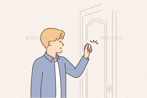 Young Man Knocks on Door When Comes to Visit Knock The Door Cartoon, Knocking On Door Drawing Reference, Postures Drawing, Knocking On Door, Knock Door, Dino Cartoon, Posture Drawing, Cool Cartoon Drawings, تزيين دفاتر