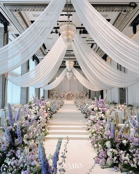 Light Purple And White Wedding Theme, Wedding Walkway, Wisteria Wedding, White Wedding Decorations, Wedding Color Pallet, Wedding Hall Decorations, Wedding Reception Backdrop, Dream Wedding Decorations, Luxury Wedding Decor