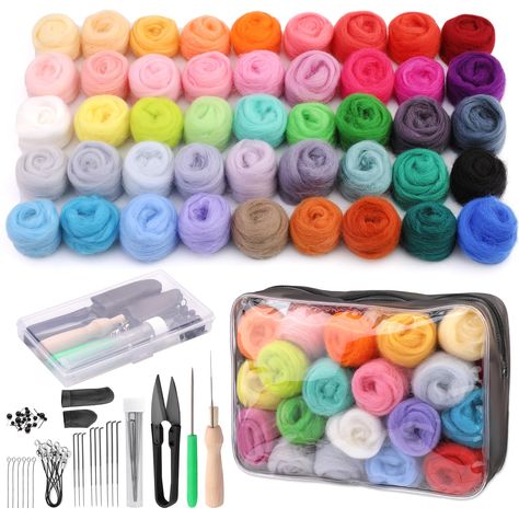 PRICES MAY VARY. Needle Felting Kits: The needle felting kits include 45 wool in different colors (3g per color), 2 finger cots, 6 9-type needles, 16 plastic eyes, 9 felting needles, 1 scissors, 1 transparent storage bag, 1 wooden felt tool, 6 mobile phone cords, 1 needle bottle, 1 plastic storage box for accessories. 45 Colors Felting Wool: This needle felting kit contains 45 different colors of wool, 3 grams per color, suitable for different types of needle felting, you can use it for wool fel Felt Phone, Needle Felting Tools, Finger Cots, Felting Needles, Needle Felting Supplies, Roving Wool, Phone Cords, Needle Felting Kits, Needle Felting Projects