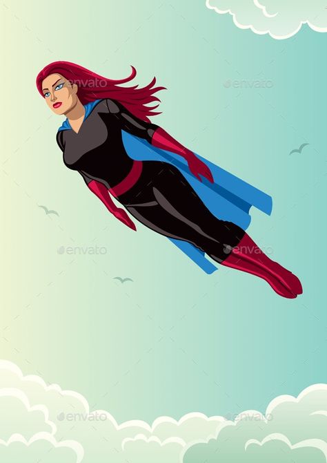 Super Hero Flying, 5d Reality, Flying People, League Of Heroes, Flying In The Sky, Face In Hole, Laughing Cow, Flat Design Illustration, Female Superhero