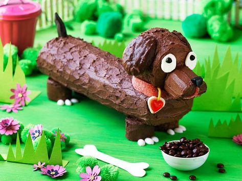 41 Kid's birthday cake decoration recipe collection | Australian Women's Weekly Food Sausage Dog Cake, Whale Birthday Cake, Dachshund Cake, Dogs Cake, Birthday Cake For Women Simple, Arte Dachshund, Lolly Cake, Dog Cake Recipes, Number Birthday Cakes