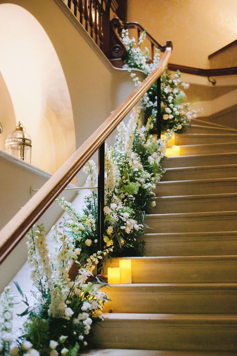 Flowers For Stairs Wedding, Stairway Flowers Wedding, Kirtlington Park Wedding, Wedding Flowers Stairs, Wedding Flowers Staircase, Wedding Stair Decor, Staircase Wedding Flowers, Flower Staircase Wedding, Floral Staircase Wedding