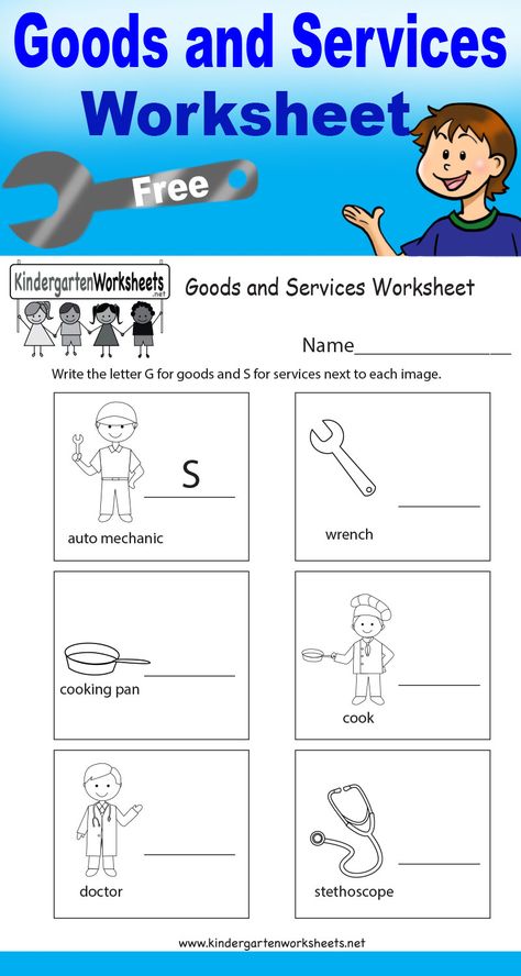 This worksheet teaches kids the difference between goods and services. You can download, print, or use online. Goods And Services Kindergarten, Goods And Services Worksheet, Transportation Matching, Free Kindergarten Printables, Kindergarten Math Free, Kindergarten Math Worksheets Free, Kindergarten Freebies, Middle School Lesson Plans, Kindergarten Social Studies