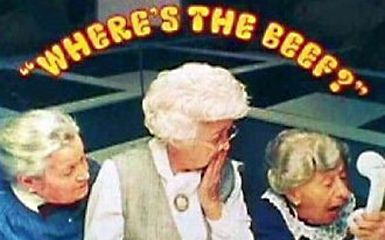 Wendy’s  - Clara Peller was 81 years old when she won the nation over with her question “Where’s the Beef?” during a January 10, 1984 Wendy’s commercial. As she and her friends received their burgers, that had an enormous bun with very little meat, she was looking around for some assistance and asked “Where’s the Beef?” Since then it has become a phrase questioning the substance of an idea or event. . Beef Commercial, Roast Beef Roll Ups, Beef Roll Ups, Where's The Beef, Saturday Morning Cartoons 90s, 80 Cartoons, Good Advertisements, Catchy Slogans, Big Bun