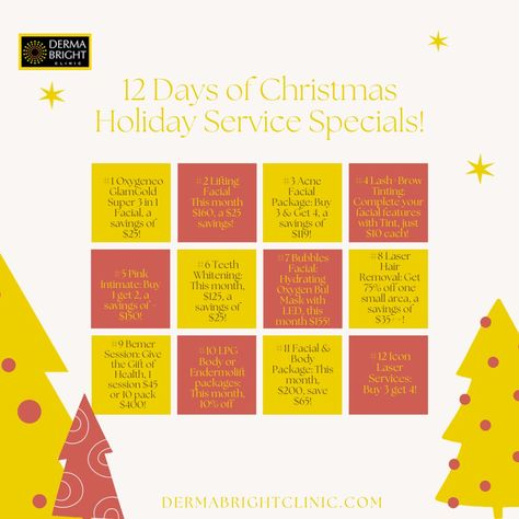 Get ready to sleigh the holiday season with our exclusive 12 Days of Christmas Holiday Service Specials! 🎁✨ Unwrap the gift of radiant skin and indulge in some well-deserved pampering. 🎀💆‍♀️ 📅 Book your appointment now and treat yourself to the ultimate festive glow! Call or text us at 604.259.8757, or drop us an email at admin@dermabrightclinic.com. 📲✉️ Hurry; spots are filling up fast! 🏃‍♀️💨 Let the countdown to beautiful skin begin! 🎅🌟 #DermaBrightHolidayMagic #12DaysOfChristmas Book Your Appointment, 12 Days Of Christmas, Radiant Skin, Beautiful Skin, 12 Days, Treat Yourself, The Holiday, Christmas Holidays, Holiday Season