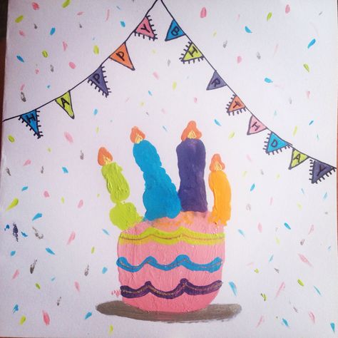 Birthday Cake Handprint, Footprint Calendar, Birthday Handprint, Handprint Artwork, Kids Handprint Art, Nicu Crafts, Happy Birthday Crafts, Daycare Projects, Easy Birthday Cards Diy