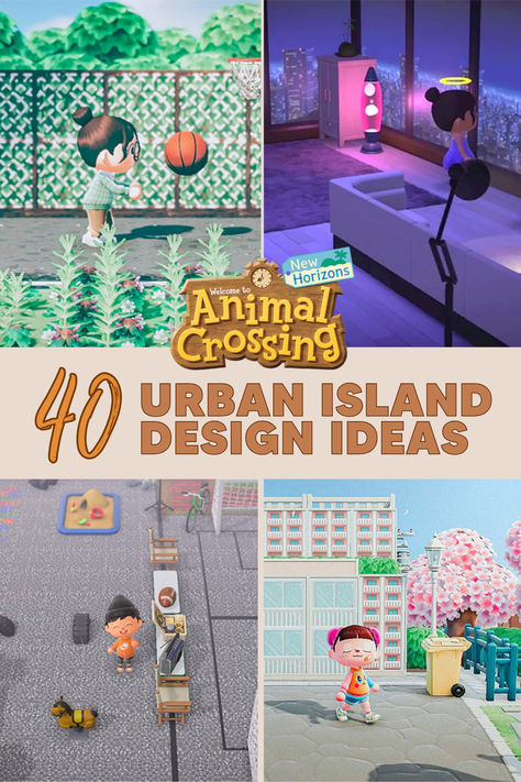 Amusement Park Animal Crossing, Acnh Basketball Court Design, Acnh City Ideas, Acnh Citycore, Island Design Ideas, Horizon City, Urban Island, City Parks, Basketball Courts