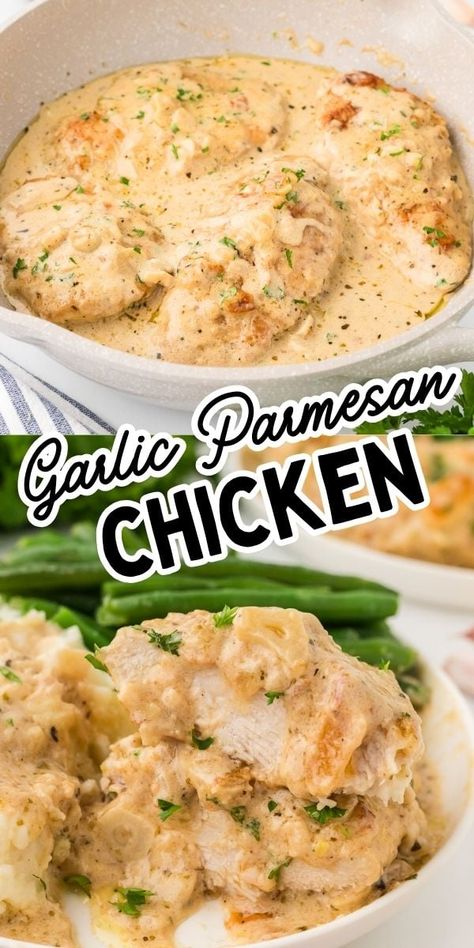 Creamy garlic chicken on a white plate with mashed potatoes and green beans. Easy Freezer Breakfast, Mashed Potatoes And Green Beans, Easy Breakfast Burritos, Freezer Breakfast Burritos, Chicken Mashed Potatoes, Chicken Green Beans, Creamy Garlic Chicken, Freezer Breakfast, Garlic Parmesan Chicken