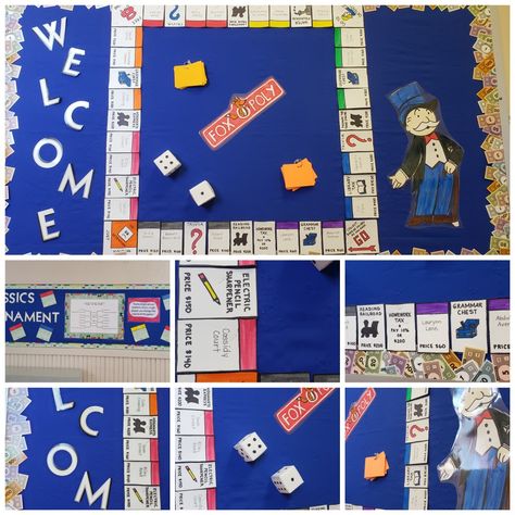 Welcome Bulletin Board - Monopoly theme Monopoly Bulletin Board Ideas, Monopoly Bulletin Board, Sales Goal Board, Bulletin Board Sayings, Welcome Bulletin Board, Monopoly Theme, Welcome Bulletin Boards, Read A Thon, Vbs 2023