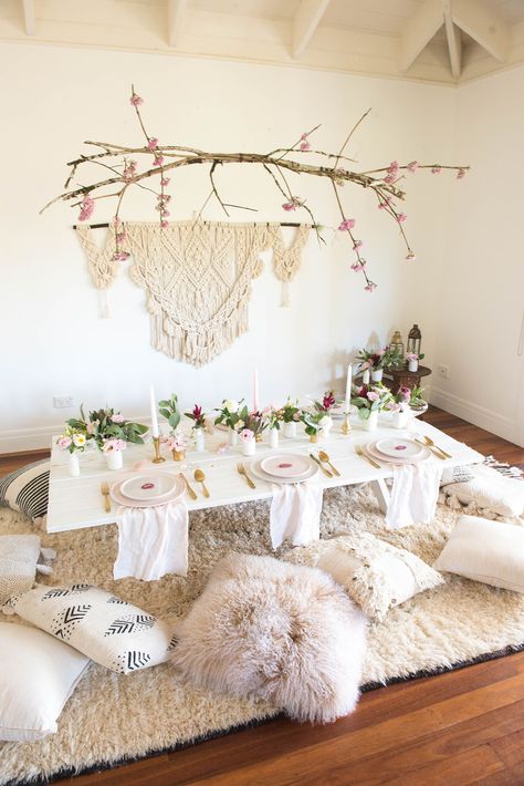 Spell & the Gypsy Collective | Gal'entines Dinner Indoor Picnic, Bohemian Party, Boho Picnic, White Bohemian, Boho Bridal Shower, Boho Party, Boho Birthday, Floor Seating, Picnic Party