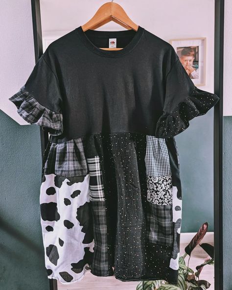 I am in love every time a customer orders a monochrome patchwork theme dress 🖤🤟 My patchwork dresses are handmade and super sustainable because they are made up of scrap fabrics that would otherwise be going to a landfill Upcycle Clothes For Beginners, Upcycled T Shirt Dress, Patchwork Upcycled Clothing, Patchwork On Clothes, Alternative Sewing Projects, Repurposed Clothing Upcycling Diy, How To Make A Dress Out Of A Shirt, Patchwork Clothes Scrap Fabric, Clothes Sewing Ideas