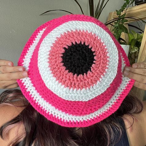 Pink Evil eye Crochet bucket hat. 🧿Size M 🧿Handmade... - Depop Evil Eye Crochet, Crochet Hacks, Eye Crochet, Pink Evil Eye, Festival Hats, Crochet Festival, Crochet Hack, Crochet Bucket, Festival Hat