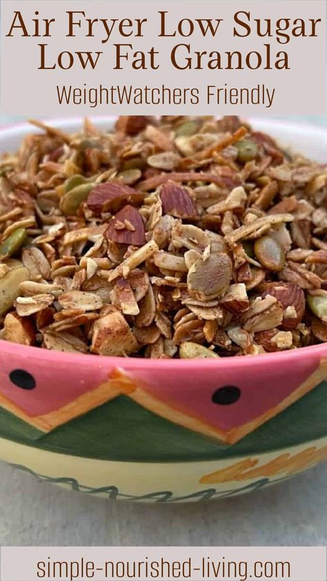 Air Fryer Low Fat Low Sugar Granola w/ chopped almonds, coconut & pumpkin seeds cooks quickly & turns out crunchy - WeightWatchers friendly! #ww #weightwatchers #easy #healthy #recipes #granola #airfryer #oats #nuts #breakfast #points #pumpkin_seeds Weight Watchers Granola Recipe, Low Sugar Granola Recipe, Nuts Breakfast, Low Sugar Granola, Weight Watchers Crock Pot Recipes, Sugar Free Granola, Easy Granola Recipe, Ww Breakfast, Pumpkin Granola