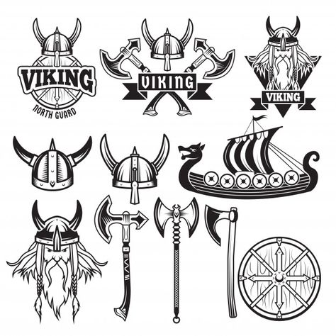 Guerreiros medievais e suas armas. etiquetas com vikings. definir isolar em branco Vetor Premium | Premium Vector #Freepik #vector #vintage #homem #desenho-animado #retro Viking Vector, Helmets Design, Escudo Viking, Travel Symbols, Symbole Viking, Business Card Set, Viking Logo, Viking Helmet, Elements Design