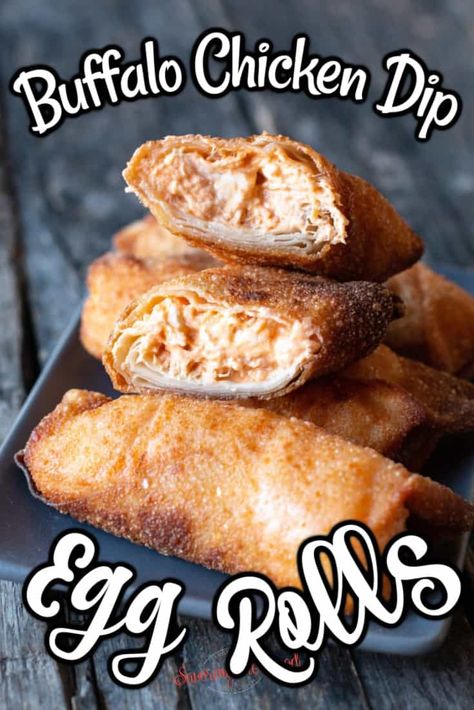 This buffalo chicken dip egg roll recipe is the combination of all the buffalo chicken dip ingredients, wrapped in an egg roll wrapper. A fabulous combination of flavors and textures. Every game day I am asked to make my recipe for buffalo chicken dip egg rolls. #gameday #gamedaysnack #eggroll #buffalochickendip Recipe For Buffalo Chicken Dip, Egg Roll Wrapper Recipes, Buffalo Chicken Dip Ingredients, Egg Roll Wrapper, Egg Roll Recipe, Homemade Egg Rolls, Chicken Dip Recipe, Chicken Egg Rolls, Buffalo Chicken Dip Recipe